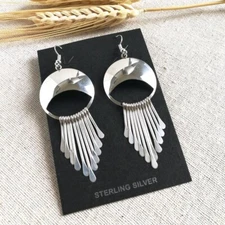Navajo Shiny Sterling Silver Crescent Top Waterfall Fringe Tassel Large Earrings