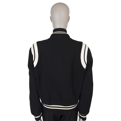 70984 auth SAINT LAURENT black white wool leather TEDDY Bomber