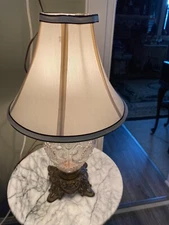 VINTAGE ELECTRIFIED 19" TALL KEROSENE LAMP WITH WHITE SATIN SHADE/BLACK TRIM