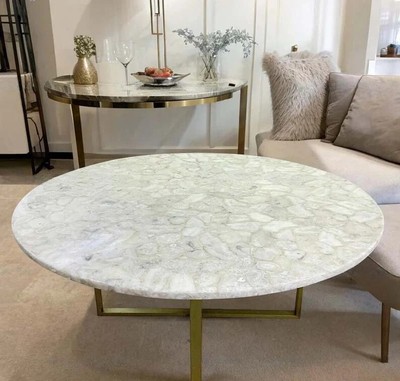 Natural White Quartz Stone Coffee Top Table Crystal Healing Gemstone Countertop