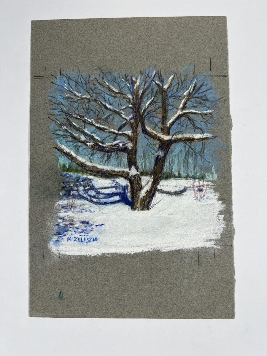 Pastel Drawing Snow Covered Bare Tree Winter Scene Kenneth E