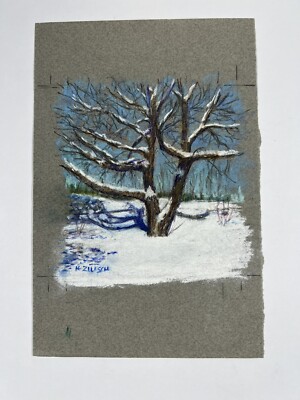 Pastel Drawing Snow Covered Bare Tree Winter Scene Kenneth E