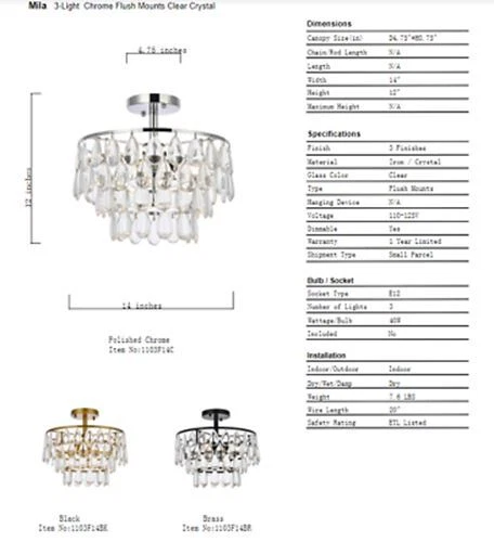 Tear Drop Crystal Flush Mount 3 Light Dining Room Kitchen Bathroom Lighting 14" - Picture 9 of 9