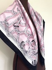 New Gucci Scarf GG Logo Nautical Ropes Print Pink Black Border Silk Wrap