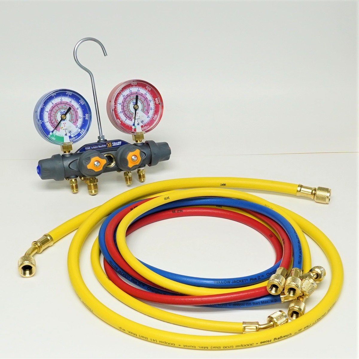 Yellow Jacket 49965 TITAN 4-Valve Manifold with Charging Hoses for 
