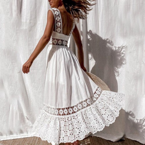 Damen Sommerkleid Maxikleid Party Strandkleid Spitze Abend Einfarbig Neu ≌ - Picture 4 of 8