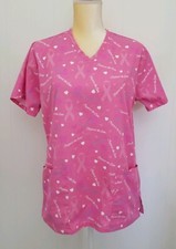 American Crown Scrub Top Size Small PINK RIBBON HEARTS CURE CANCER Nurse Medical