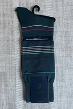 Punto Italian Men Dress Socks Egyptian Cotton Size 10-13 Teal Blue with Stripes