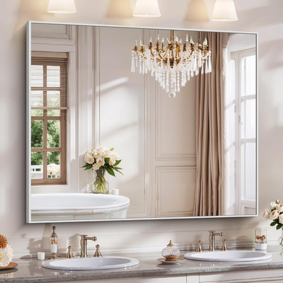 Large 48''x40'' Brushed Silver Bathroom Mirror - Versatile Wall Hanging Design