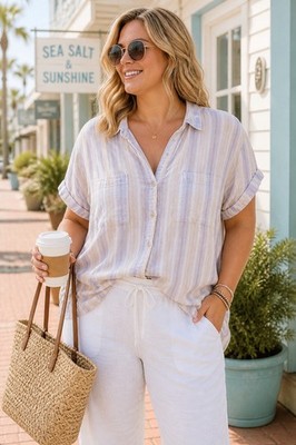 Thread & Supply Linen Blend Button Front Top Size 1X Striped Coastal Casual