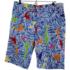 Loudmouth Golf Shorts Men 35 Tropical Shark Print Colorful Cotton Stretch