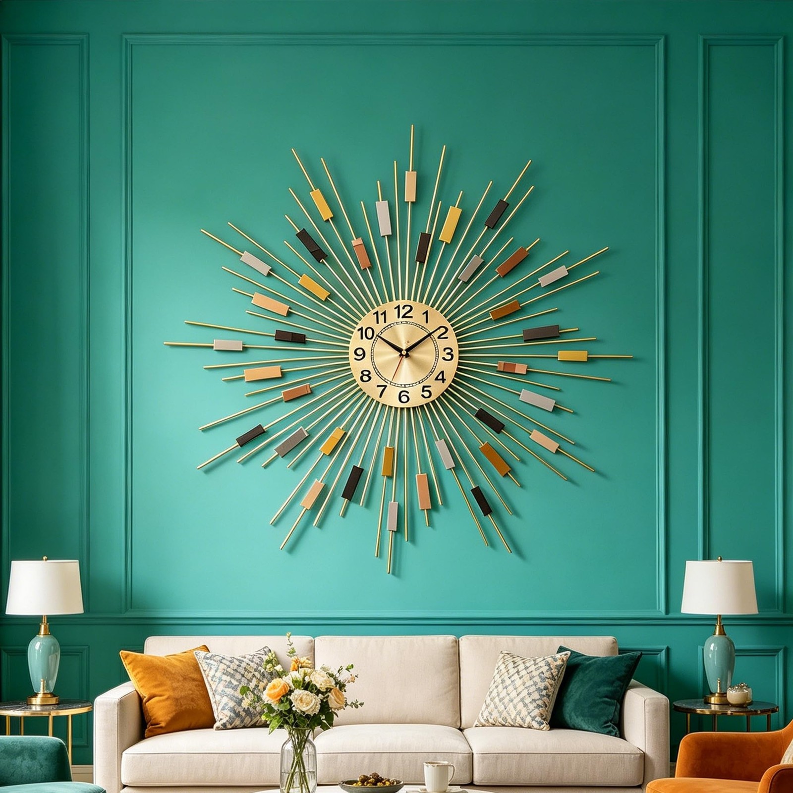 24" Large Sunburst Wall Clock, Boho Modern Farmhouse Metal Decorative Clock, ...
