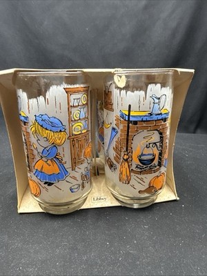Vintage Libbey Pilgrims Pumpkin Glasses Thanksgiving Halloween Set
