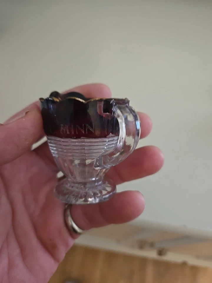 Souvenir Mini Pitcher ST.PAUL MINN, RUBY RED GLASS EARLY 1900's " 2 1/2" Tall. - Image 3 of 4