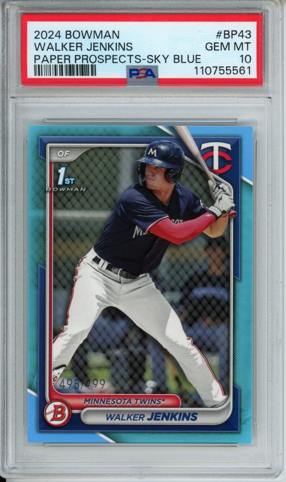 PSA 10 WALKER JENKINS 2024 Bowman Paper SKY BLUE /499 #BP43 Gem Mint Bowman 1st