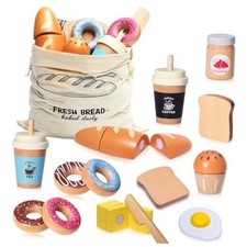 Wooden Bakery Playset Food Toys, Kids Pretend Play Food 19 PCS Bakery Set