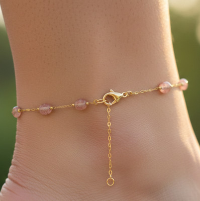 Boho Handmade Gold Color Plated Brass Anklet with Pink Tourmaline Color Stones