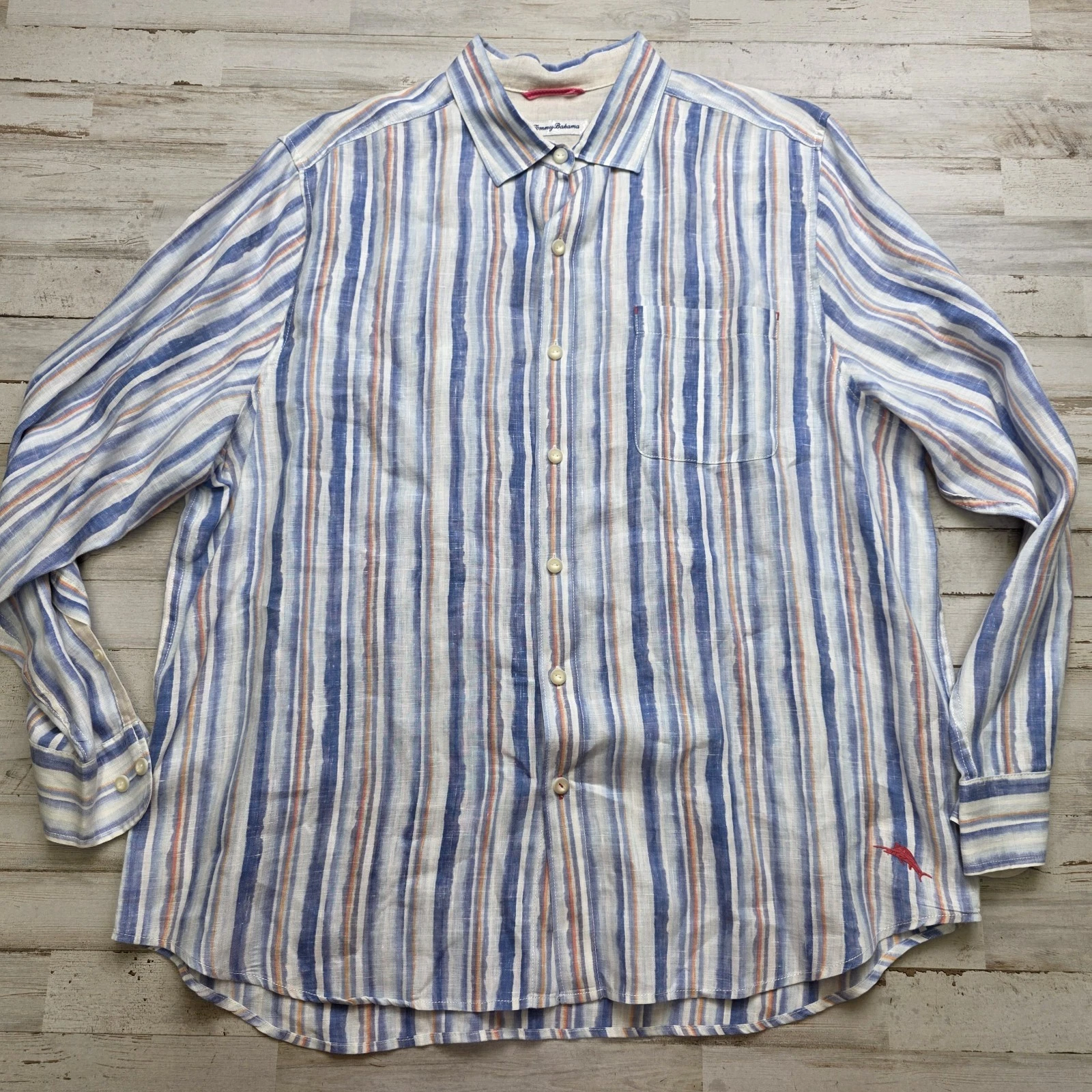 Tommy Bahama Mens XL Multicolor Striped 100% Linen Long Sleeve Casual Beachwear