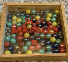Vintage Mega Marbles Box of Marbles Wood Box 100 Marbles Mix Swirl Solid