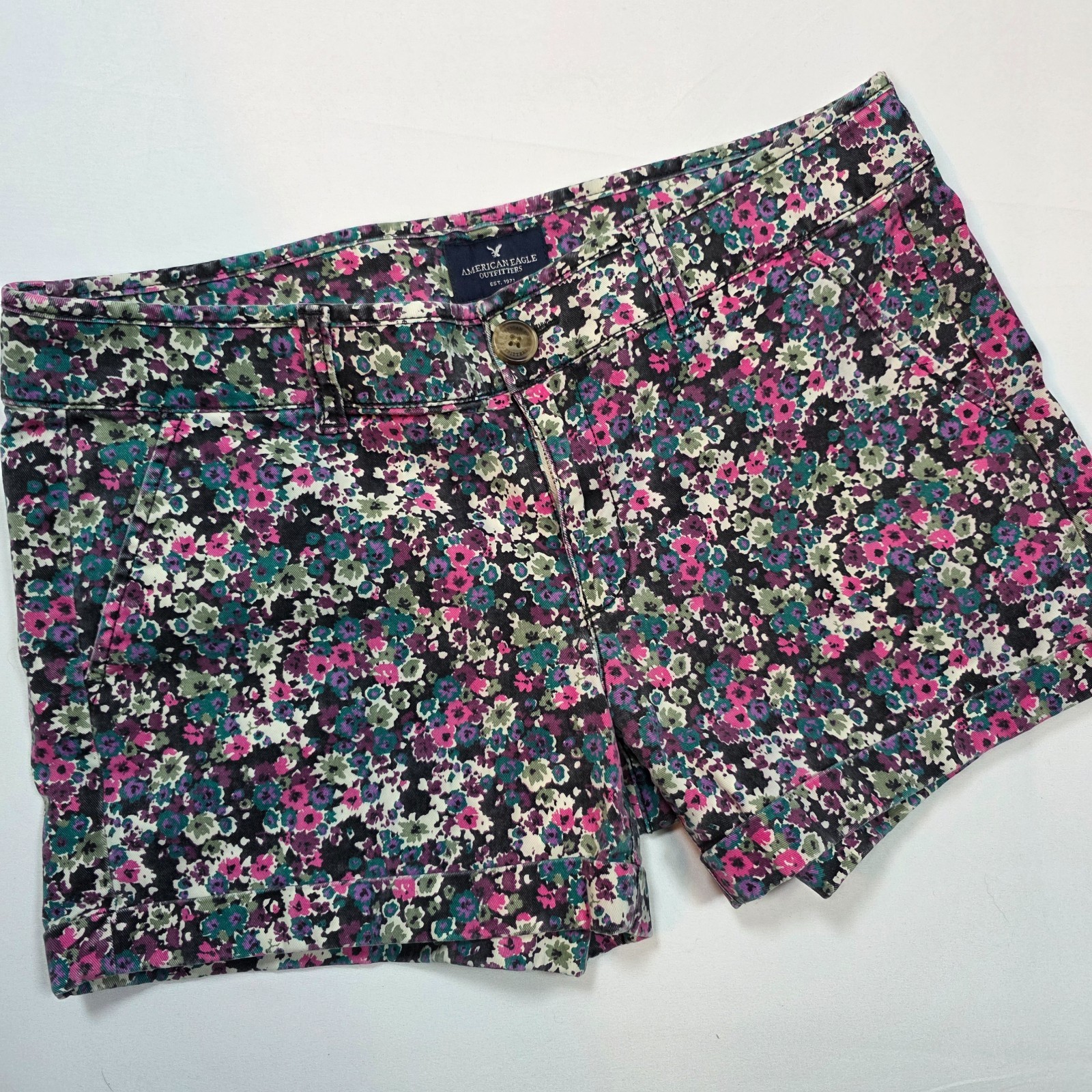 American Eagle Midi Stretch Denim Women Short Shorts Size 10 Floral Zip Button