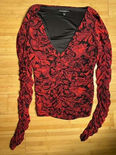 GUESS Women's Floral LS Luna Shirred Tight fitting Ruched V-Neck Blouse|Size:S - Picture 15 of 15