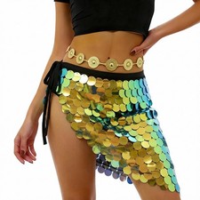 's Sequin Belly Dance Mini Hip Scarf, Sparkly Mermaid Wrap Skirt with Gold Ch...