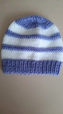 Newborn 0-3 m Baby Hat Hand Knitted by me. White and blue stripes. Ideal gift.