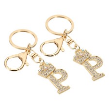 Initial Letter Keychain, 2 Pcs Letter P Crown Design Charm, Gold Tone
