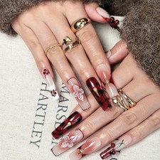 Rougeonata 10pcs Press On Nails for Women, Crimson Floral Golden S Dark red