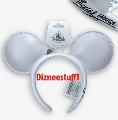 2025 Disney Parks White Mickey Mouse Autograph Ear Headband Faux Leather NEW