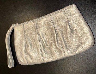 J. Jill Metallic Silver Genuine Leather Wristlet Clutch Purse Zip Top 