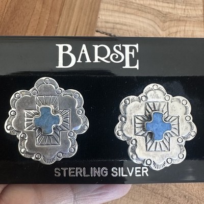 Vintage Barse Clip Earrings 1 Inch Blue Sodalite Cross Inlay 925 Sterling 9.4g