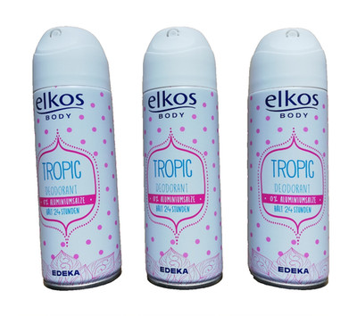 (19,93 /1L) Elkos Body Tropic Deodorant Deo Spray 3 x 200 ml ohne Aluminiumsalze