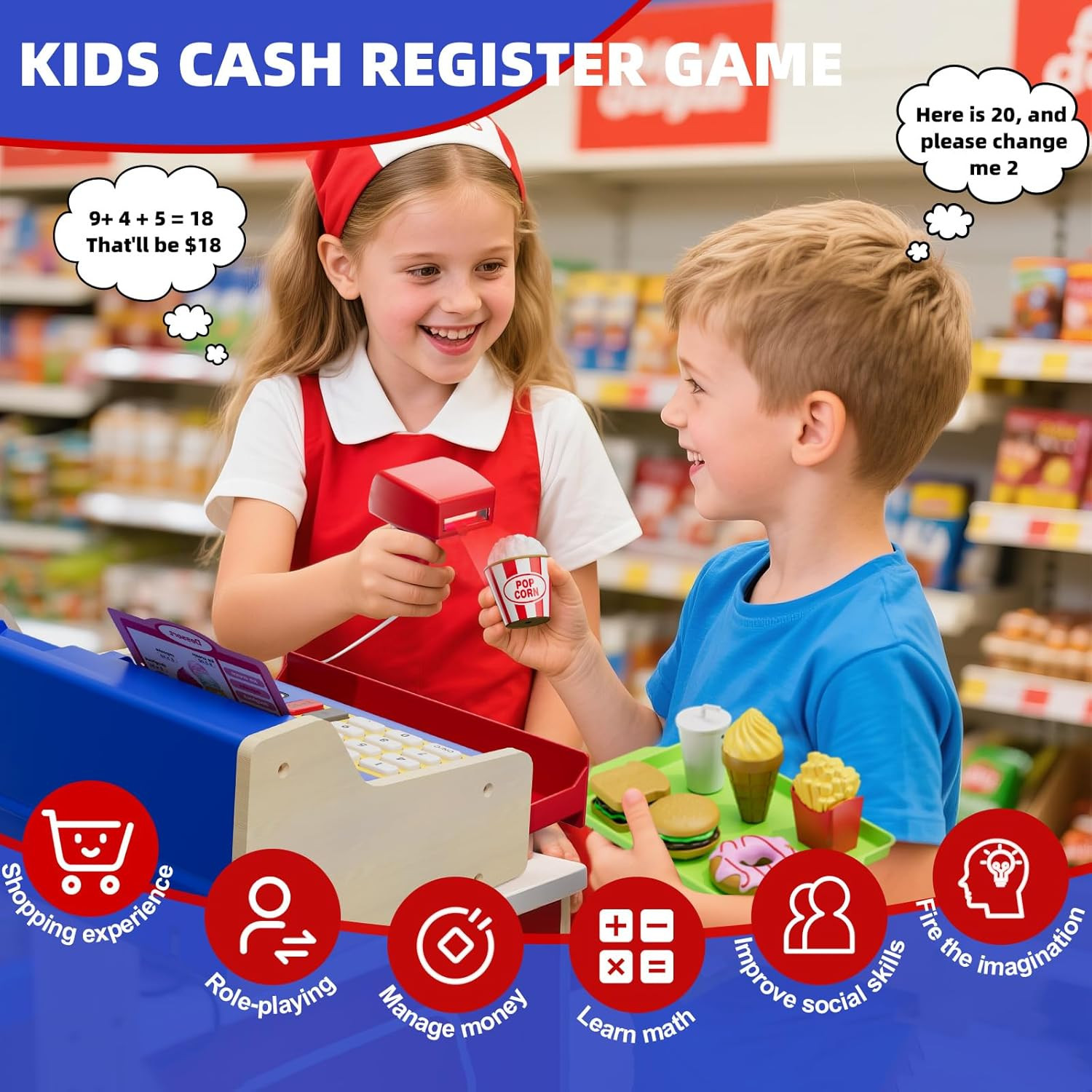 как выглядит Wooden Cash Register for Kids, Rechargeable Pretend Play Supermarket Fast Food фото