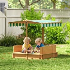 Wooden Kids Sandbox with Cover, Foldable Bench Seats Adjustable Canopy Outdo