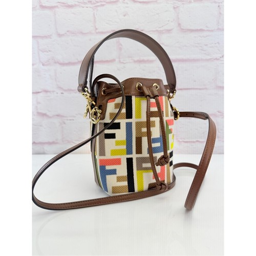 Fendi Kuban Canvas Vitello King FF Embroidered Mini Mon Tresor Bucket Bag
