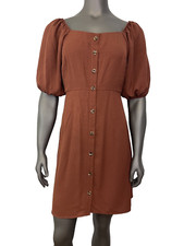 Mimi Chica Dress Womens M Peasant Rust Orange Square Neck Puff Cottagecore Boho