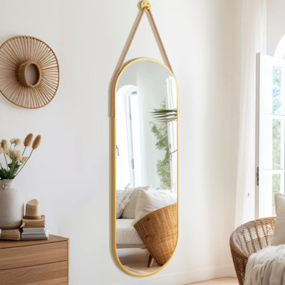 Oval Gold Full Length Mirror with Leather Strap - 16''x48'' Wall Decor
