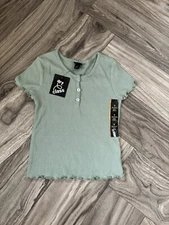 Art Class Girls Size S(6/6X))Short Sleeve Ribbed Henley T-Shirt in Green /LR4XZ2