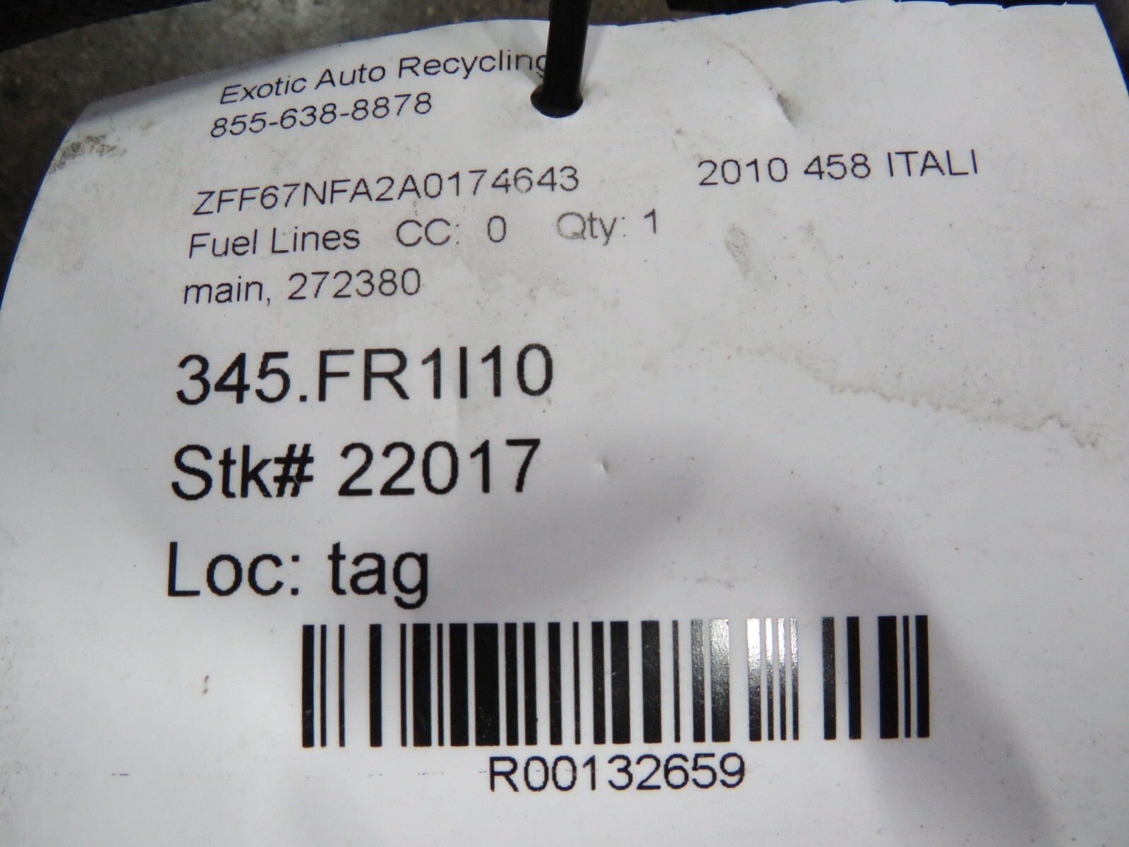 Ferrari 458 Italia, Spider, Main Fuel Line, Used, P/N 272380