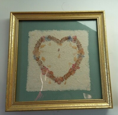 Framed Art Pressed Flowers Heart Shape on Handmade Paper