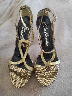 Celeste Gold Rhinestone Open Toe Ankle Strap Heels size Shoes