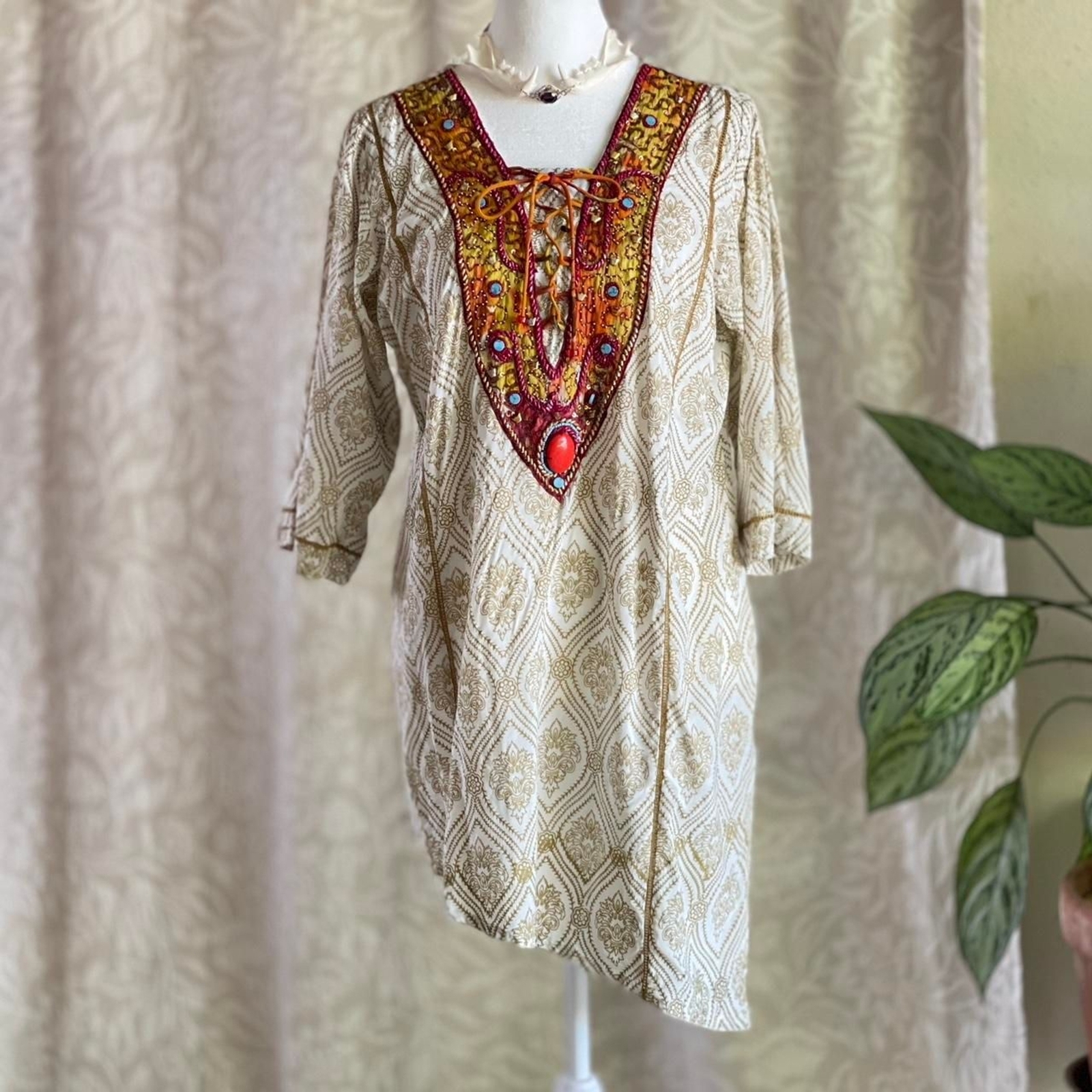 Handmade Beaded Embroidered Boho Hippie Multicolor Tunic Asymmetrical Size S/M