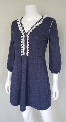 Boden A Line Dress Womens UK 8R US 4R Cotton Navy Blue White Pom Pom 3/4 Sleeve - Picture 7 of 10