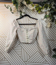 Urban Outfitters Women's Floral Corset Hook Long Sleeve Crop Top Cream Size Smal