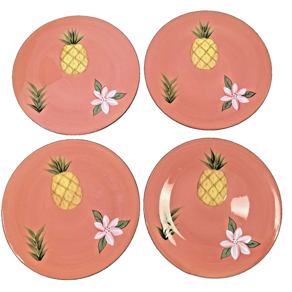 Juego de 4 platos florales de piña pintados a mano de 8" aperitivos, tapas, sándwiches