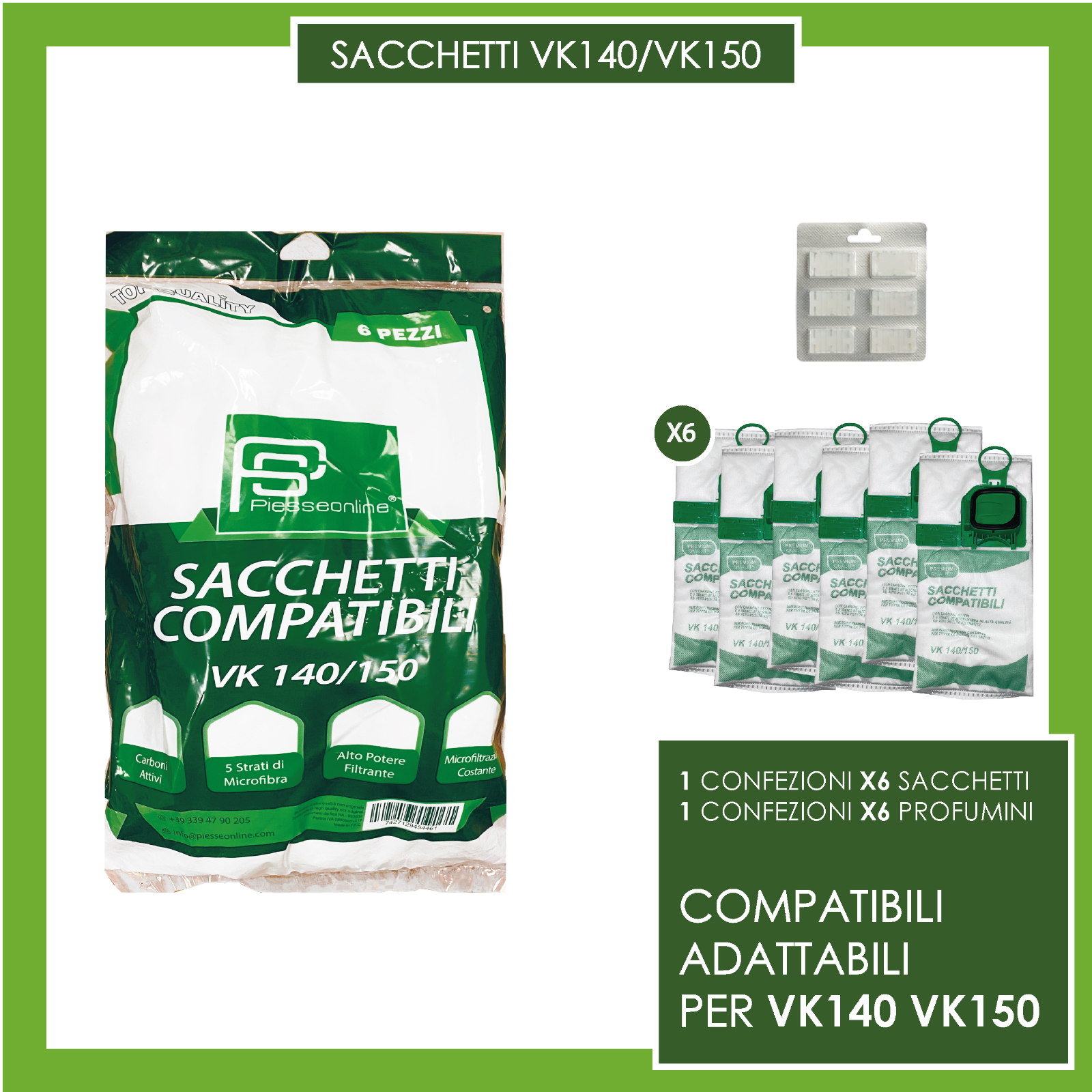 KIT VORWERK  FOLLETTO KOBOLD PER 140 150 CON 6 SACCHETTI 6 PROFUMI COMPATIBILI