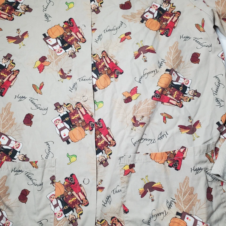 UA Womens Thanksgiving Scrub Top Size Small With Turkeys and People On It. - Image 3 of 4