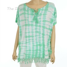 CHAPS by Ralph Lauren WOMEN'S SMALL Oversized WHITE & GREEN Tie-Dye TOP Fringe