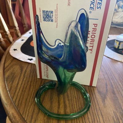 HandBlown Art Glass 11'' Vase Blue Green Clear Swirl Prince Rupert Drop Style